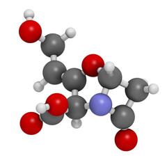 Clavulanic acid beta-lactamase blocker drug, chemical structure. Often combined with beta-lactam class antibiotics.