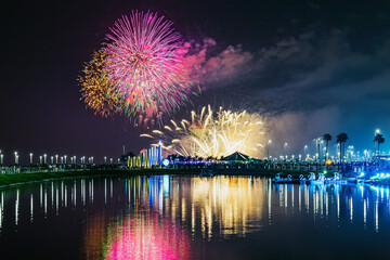 Fireworks at Al Khobar, Saudi Arabia September 23 2022 National Day Celebration of Kingdom of Saudi...