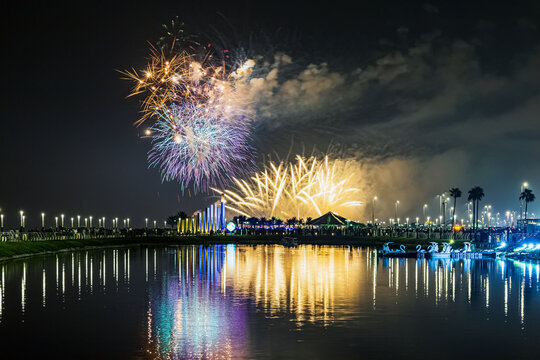 Fireworks at Al Khobar, Saudi Arabia September 23 2022 National Day Celebration of Kingdom of Saudi Arabia.
