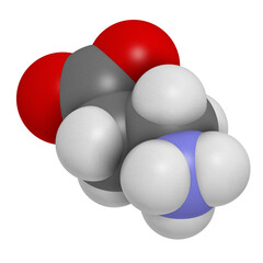 Beta-alanine molecule. Naturally occurring beta amino acid. Precursor of carnosine. Athletes often use beta-alanine supplements.