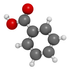 Benzoic acid molecule. Benzoate salts are used as food preservatives.