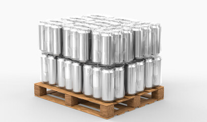 Wooden pallet full of tin cans in plastic wrap. Stack of soda or beer metal jars in transparent shrink film isolated on white background. Packaging for storage and delivery of drinks