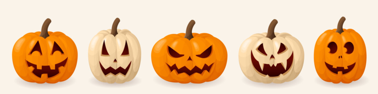 Set of halloween pumpkins, funny faces. Autumn holidays. Pumpkins of different shapes, faces and colors