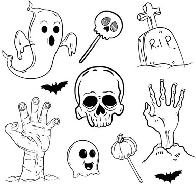 Halloween. Monsters. Ghost, Skull. Horror Hand. Pumpkin set of vector hand drawn illustrations.