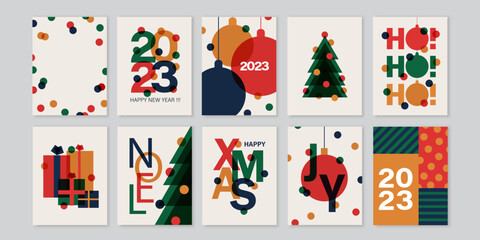 Fototapeta Set of creative colorful cards, flyers, posters for 2023 New Year. Numbers design. Christmas greetings. Modern minimal flat style. obraz