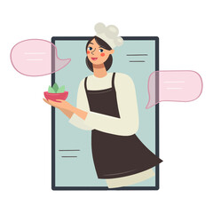 A cute cook girl comes out of the tablet. Vector isolated illustration. Cute blogger woman serving salad.Healthy food concept. Cartoon flat style Cooking template with speech bubble and place for text