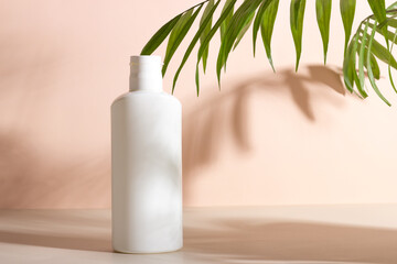 Jar with professional cosmetics for face and body care. Cosmetic tube with skin care product on a beige background with palm leaves and shadows.