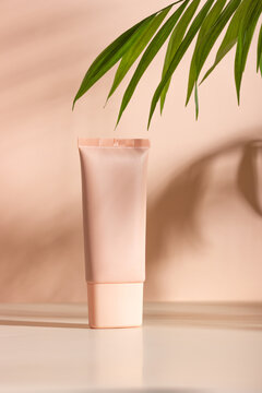 Face and body skin care products on a beige background and palm leaves. Professional cosmetics for skin care. Organic cosmetics. Cosmetics for women with natural ingredients. Copy space, mockup