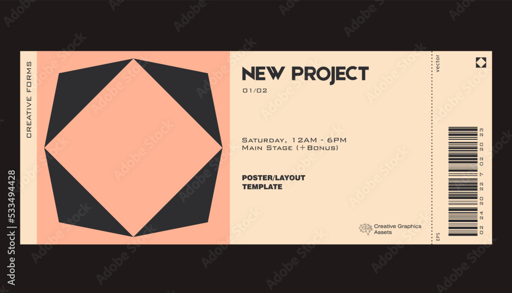 Poster ticket vector template layout with abstract vector geometric shapes. brutalism inspired graphics. gr