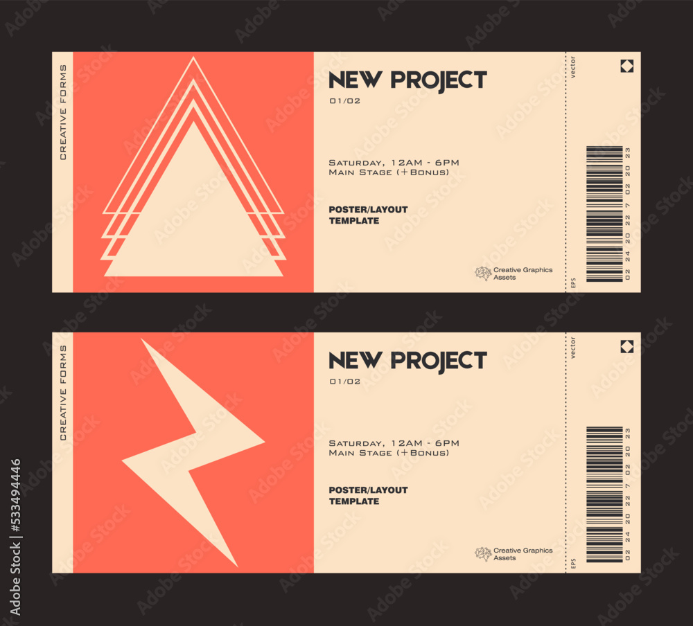 Poster ticket vector template layout with abstract vector geometric shapes. brutalism inspired graphics. gr