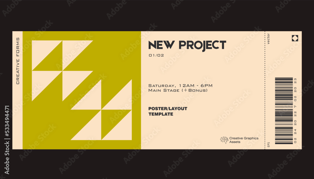 Poster ticket vector template layout with abstract vector geometric shapes. brutalism inspired graphics. gr