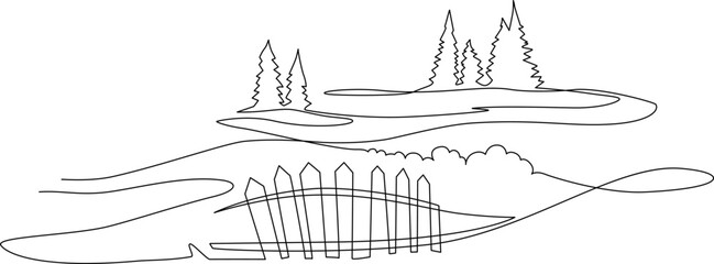Young spruce trees in the field. Landscape. Continuous line drawing. Vector illustration.