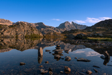 a beautiful lake called Lake Bellecombe in the French Alps in Vanoise