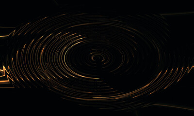 Shiny golden ripples spreading from the center into the deep darkness. Artistic digital 3d representation of sound wave, space vibration, echo of the universe. Cosmic and fantastic fluid rotation. - 533494684