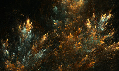Fototapeta na wymiar Abstract floral pattern of golden natural shapes of plants or clusters of buds glowing in deep dark space. Mysterious 3d bushes. Fairy fantasy. Great for design as texture, print, decoration, cover. 