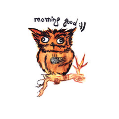 Crazy owl on a branch with coffee. A funny owl on a branch smiles and its eyes look in different directions.
