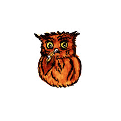 Sticker - icon "Owl in horror puffs on a cigarette. Nervous owl for chat.