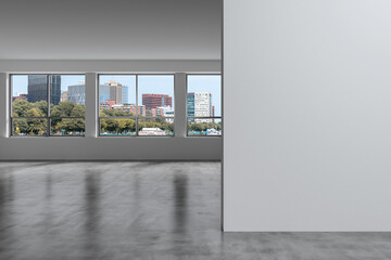 Fototapeta premium Panoramic picturesque city view of Boston at day time from modern empty room, Massachusetts. An intellectual and political center. Mockup copy space empty wall. Display concept. 3d rendering.