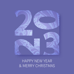 Merry Christmas and Happy New Year 2023 winter banner with botanical pattern. Modern card design in very peri purple color trend of the year 2023.	