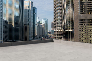 Skyscrapers Cityscape Downtown, Chicago Skyline Buildings. Beautiful Real Estate. Day time. Empty...
