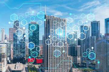 Aerial panorama city of Chicago downtown area and Lake, day time, Illinois, USA. Birds eye view, skyscrapers, financial district. Decentralized economy. Blockchain, cryptography concept, hologram