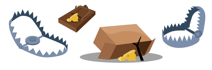 Set of animal traps in cartoon style. Vector illustration of trap, mousetrap with cheese on white background. Hunting