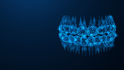 Healthy human teeth. Polygonal design of lines and dots. Blue background.