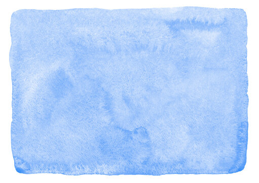 Light blue watercolor rectangle background with artistic uneven edge and rounded corners. Painted transparent texture with watercolour stains, text frame. Hand drawn aquarelle abstract water template.