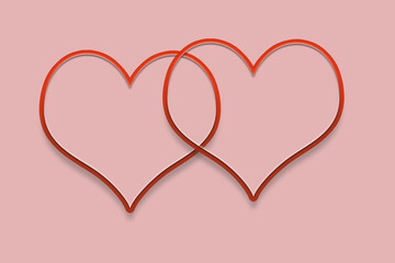 Pair of red hearts linked with outlines on greeting card. Wedding and valentine day concept.