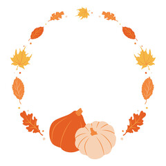 Naklejka na ściany i meble Autumn wreath print template with two pumkins. Halloween illustration. Harvest time. Fall season.