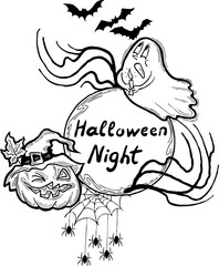 Halloween frame with hand drawn scary and funny cartoon characters. Design for party invitation, store sale, seasonal discount banner, greeting card, background, poster print, decorative elements.