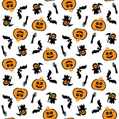 Seamless vector pattern for Halloween design. Halloween symbols: pumpkin, bat and death in cartoon style. Vector Illustration