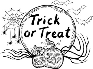 Halloween frame with hand drawn scary and funny cartoon characters. Design for party invitation, store sale, seasonal discount banner, greeting card, background, poster print, decorative elements.