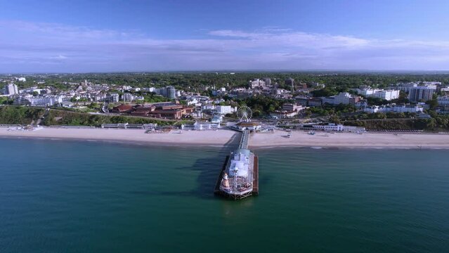 The drone aerial footage of the Bournemouth beach, Observation Wheel and Pier.
