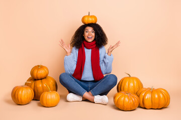 Portrait of attractive cheerful funny trendy girl holding pumpkin on head having fun isolated over...