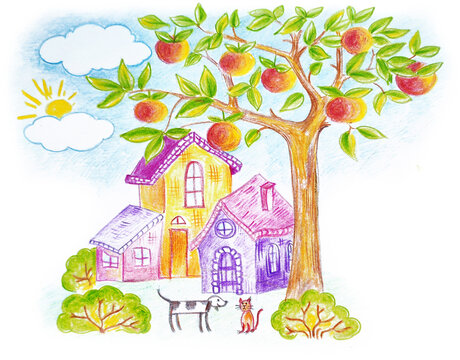 Rural landscape with houses, an apple tree, a cat and a dog. Illustration in the style of a children's drawing.