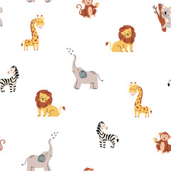 Tropical jungle seamless pattern. Zoo animals. Cute wild animals in a simple Scandinavian style. Nursery pastel palette is ideal for printing baby clothes, fabrics. Vector cartoon background