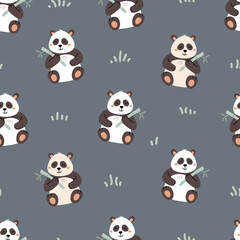 Cute cartoon panda bear, eating bamboo leaf, seamless pattern.  Creative kids scandinavian style texture for fabric, wrapping, textile, wallpaper, apparel. Vector illustration