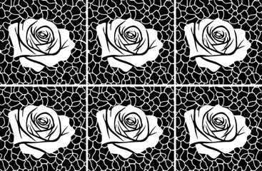 Seamless vector line art pattern made of white with black contour hand drawn roses on dark