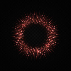 Luxury shiny circle with red bright rays. Dynamic sparkles lines. Circle bright rays star light. Falling twinkle lights on transparent background.