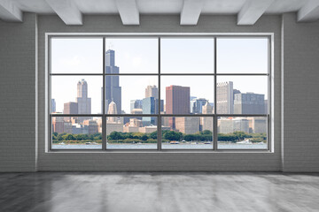 Plakat Downtown Chicago City Skyline Buildings from Window. Beautiful Expensive Real Estate. Epmty office room Interior Skyscrapers, View Lake Michigan waterfront, harbor. Cityscape. Day time. 3d rendering.