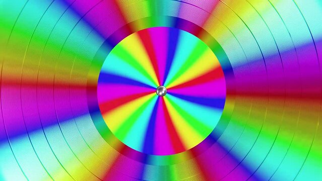 Realistic seamless looping 3D animation of the single colorful rainbow gradient spinning vinyl record with rainbow gradient striped label rendered in UHD as motion background