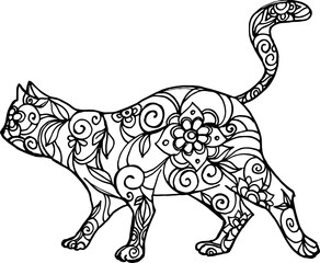 Drawn artistic cat. Mandala. Pets. Turkey. India. Symbol. Tattoo. Cat. Holidays. Monogram. Floral pattern.