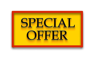 Special offer text with black letters on yellow background in red frame. Black friday and discount concept.