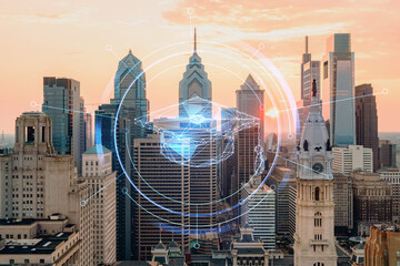 Aerial panoramic skyline of Philadelphia financial downtown, Pennsylvania, USA. City Hall Clock...