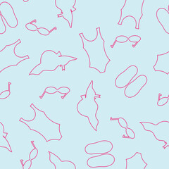 summer vector beach items on blue background seamless pattern