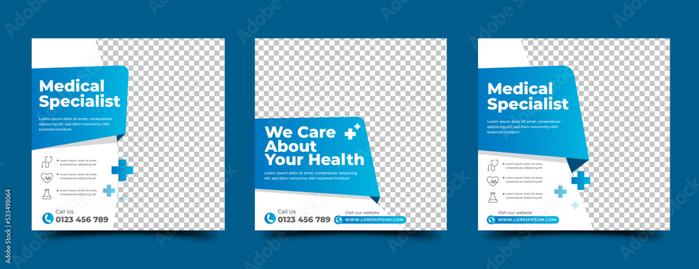 Wall mural medical and healthcare square banner template design. white background with blue shape. suitable for