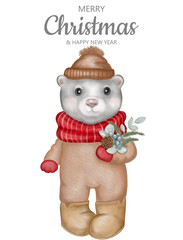 Cute watercolor teddy bear in knitting hat and scarf, spruce brances and cones. Hand painted aquarelle Christmas card. Design for Merry Christmas holiday. Winter