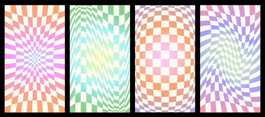 Abstract retro aesthetic backgrounds set with groovy hippie patterns. Twisted, distorted, checkerboard, chessboard, mesh, waves texture. Trendy retro psychedelic style. Stories templates collection