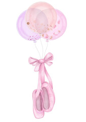 Pointe shoes on balloons with a bow. Hand drawn watercolor pink pointe shoes flying on balloons. Design for ballerin, ballet dancer, frame art. Isolated on transparent background.